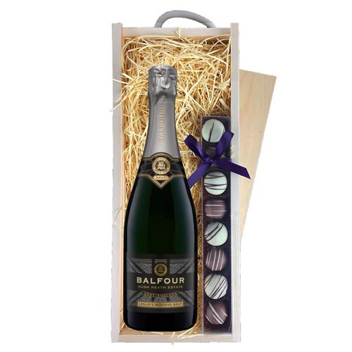 Balfour Leslies Reserve Brut English Sparkling 75cl & Truffles, Wooden Box